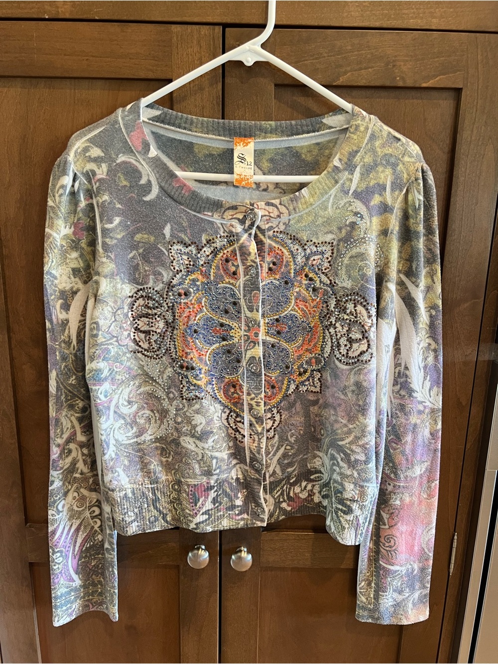 S-Twelve Rhinestone Mandala Paisley Graphic Knit Cardigan Sweater